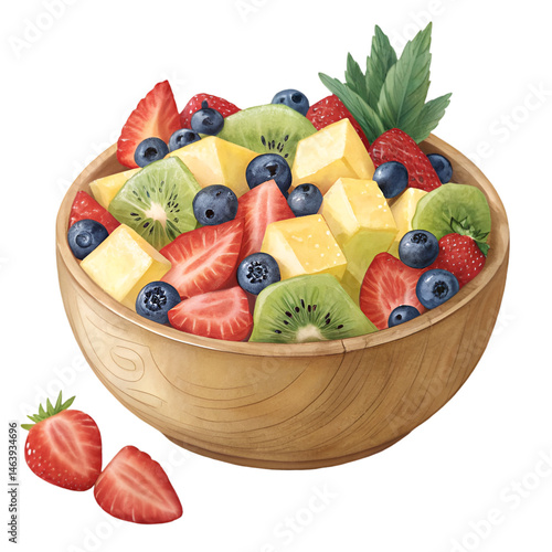 Bowl of healthy fresh fruit salad isolated on white background