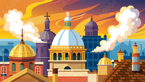 Vatican rooftop chimney emitting white smoke signaling papal election, blurred St. Peter's Basilica background. Catholicism, conclave, pope symbolic Very beautiful