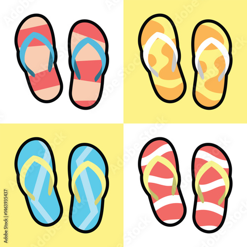 A set of unique pairs of colorful flip-flops, perfect for summer vibes and carefree days	