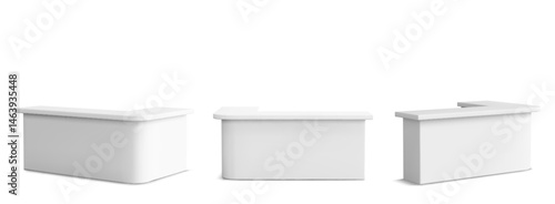 Reception tables set - white modern desk counters for office, hotel lobby or store. Curved rectangle shapes with smooth edges, blank surface countertop and front side. 3d mockup from various angles.