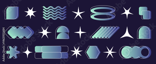 Y2k era gradient shape set - stars and spirals, circles, rounded rectangles and sunbursts in blue and green pastel colors. Retro 2000s vector elements for nostalgic design or abstract backgrounds.