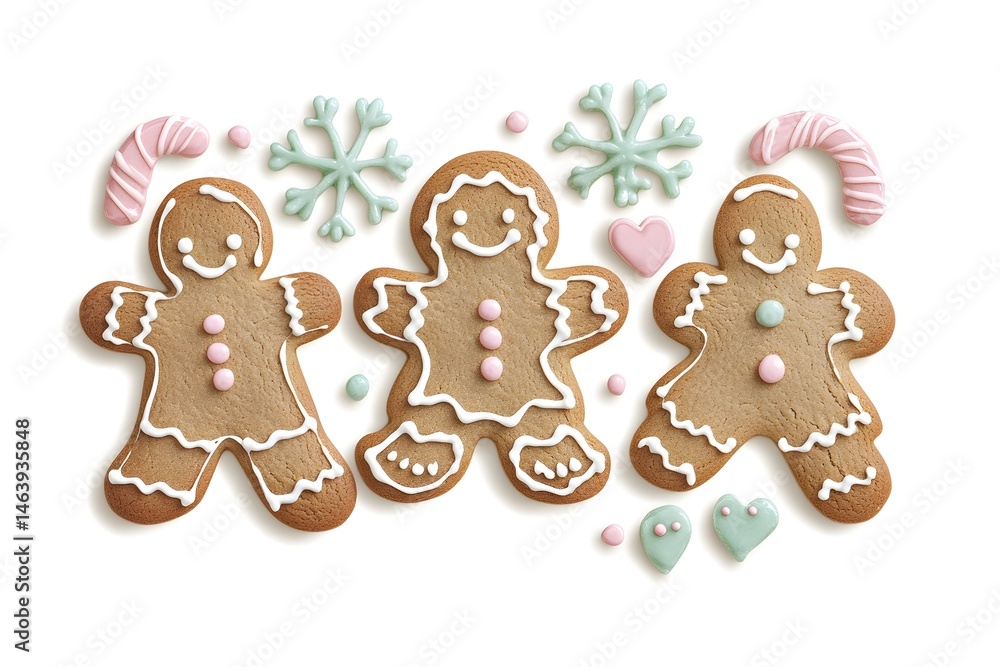 Three cheerful gingerbread men cookies, decorated with pastel icing, candy canes, and snowflakes, arranged on a white background Three cheerful gingerbread men cookies, decorated with pastel icing, candy canes, and snowflakes, arranged on a white background