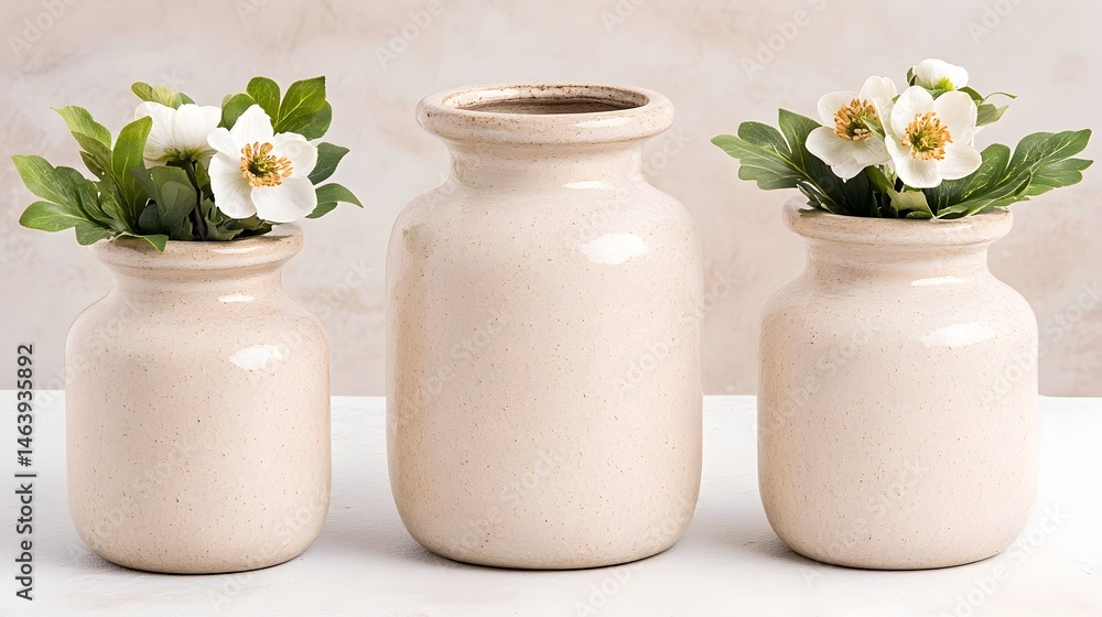 Three creamy ceramic vases, varying sizes, hold delicate white flowers Three creamy ceramic vases, varying sizes, hold delicate white flowers