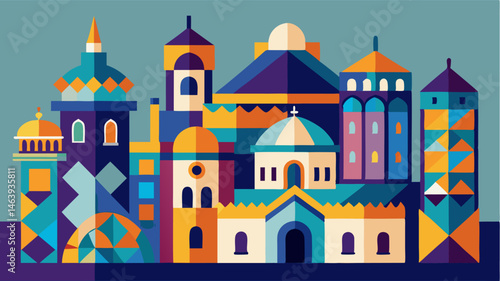 The buildings are adorned with intricate geometric patterns created from colorful tiles and intricate mosaics.