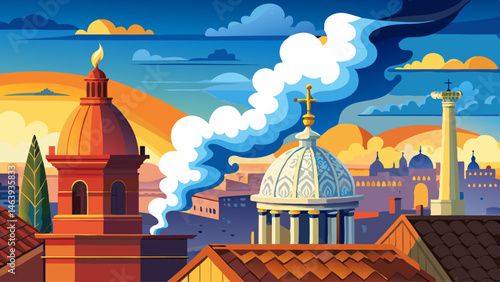 Vatican rooftop chimney emitting white smoke signaling papal election, blurred St. Peter's Basilica background. Catholicism, conclave, pope symbolic Very beautiful