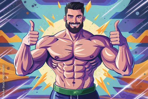 Muscular man with a perfect physique giving thumbs up gesture, symbolizing strength, fitness, motivation, and positive lifestyle. Ideal for gym, bodybuilding, health, and wellness vector