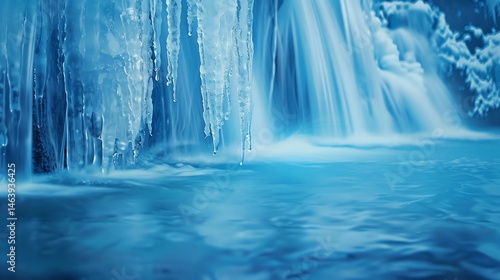 Stunning long exposure shot of a frozen waterfall inside a glowing ice cave, capturing magical blue hues and serene winter beauty in nature’s icy wonderland.