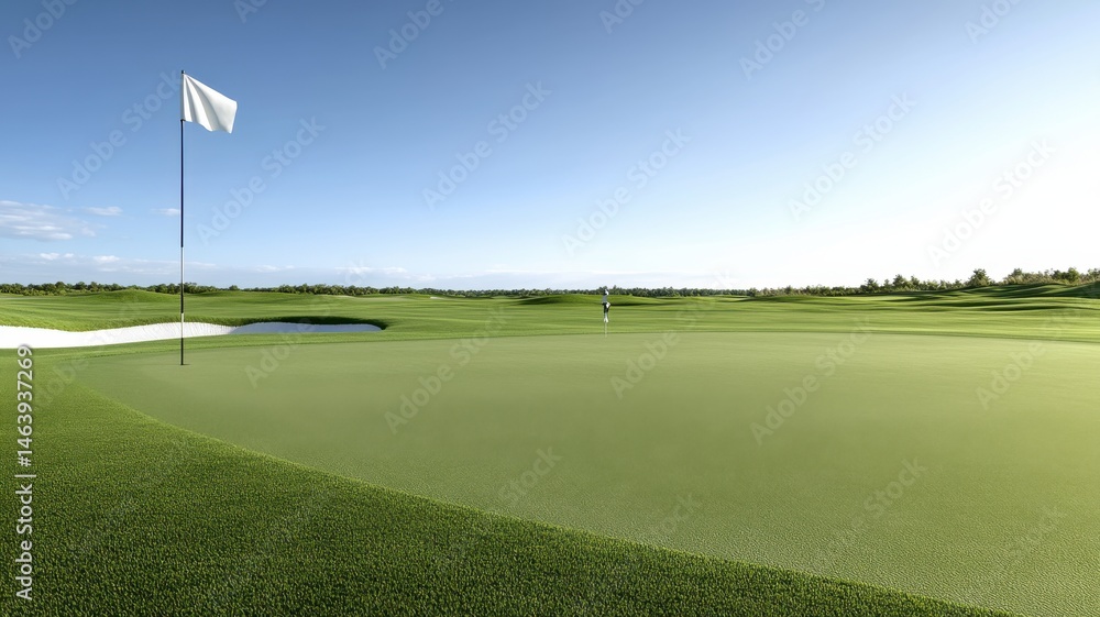 Obraz premium Dramatic Sunset over Coastal Golf Green Sunset Golf course Putting green Green Flag Landscape Ocean