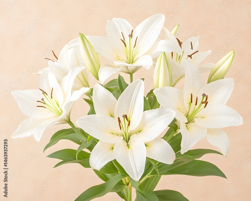 A bouquet of pristine white lilies, elegantly arranged against a soft, peach background, showcasing their delicate petals and vibrant stamens A bouquet of pristine white lilies, elegantly arranged against a soft, peach background, showcasing their delicate petals and vibrant stamens