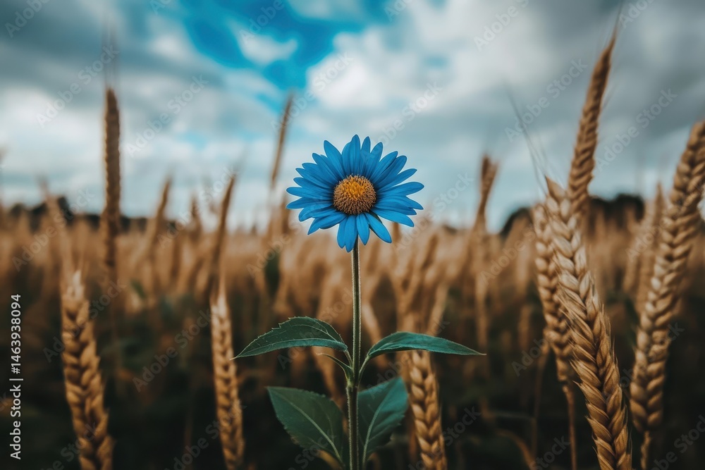 Blue daisy rises from wheat field under cloudy blue sky. Perfect to illustrate resilience, hope, or summer themes.