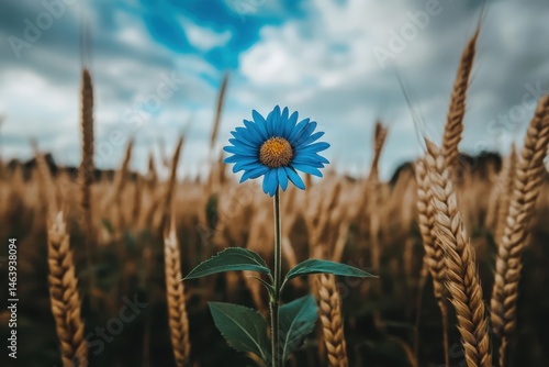 Obraz na płótnie Blue daisy rises from wheat field under cloudy blue sky. Perfect to illustrate resilience, hope, or summer themes. w salonie