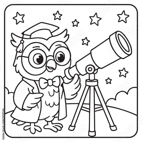 Coloring page for kids with stargazer Owl with telescope. The clever owl is exploring stars and planets.