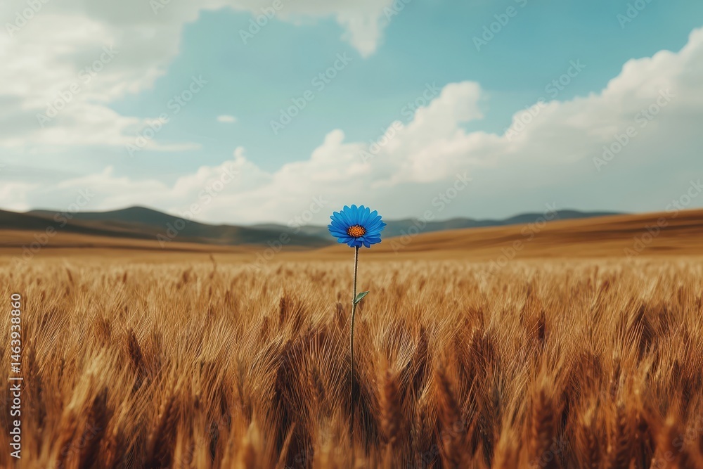 Single blue flower in wheat field, under a blue sky with white clouds. Use this image to represent hope, dreams, or standing out from the crowd.
