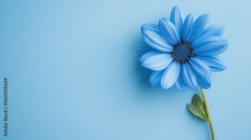 A bright blue daisy with golden center stands out against a matching backdrop. Ideal for spring themes, beauty, or a calming and peaceful atmosphere.