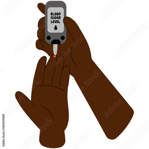 Hands checking blood sugar with glucometer. Person using a glucometer to test blood sugar levels from a fingertip, representing diabetes monitoring and health care.  