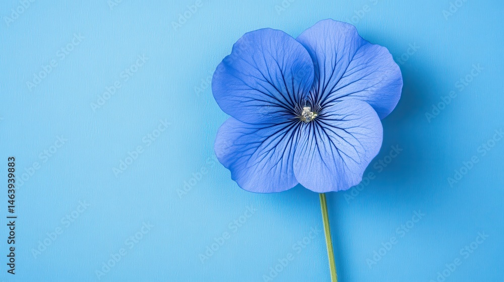 Isolated blue pansy flower with green stem on blue background. Great for background, cards, or any springtime design project.