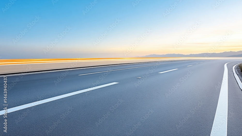 Fototapeta premium Empty Highway Curving into Sunset Horizon highway sunset horizon road asphalt empty road long road