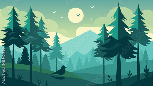 The silence of the pine forest is occasionally broken by the cheerful chirping of songbirds adding to the harmonious symphony of nature.