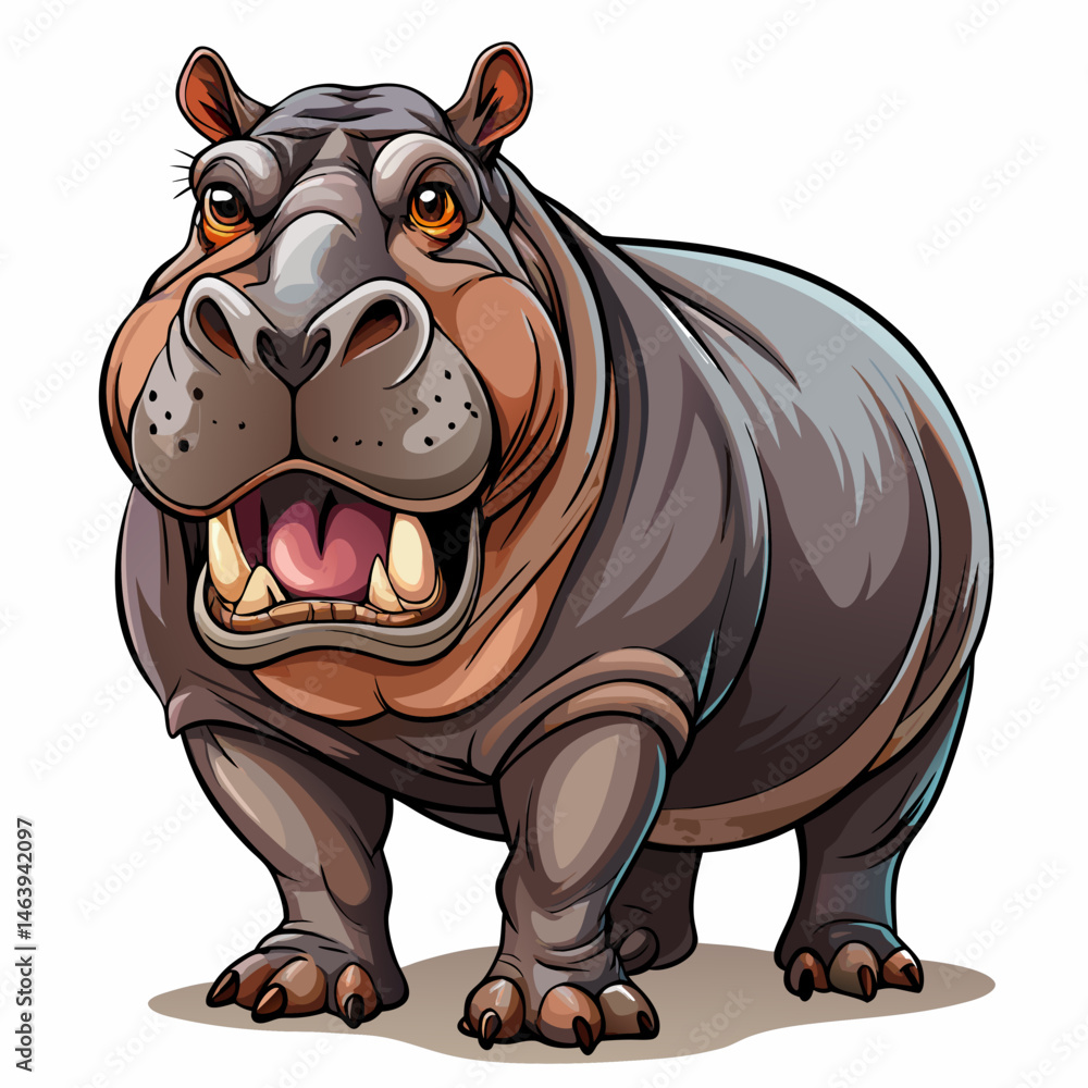Fototapeta premium A vector illustration of a realistic hippopotamus standing with wide jaws and smooth skin, isolated on a white background