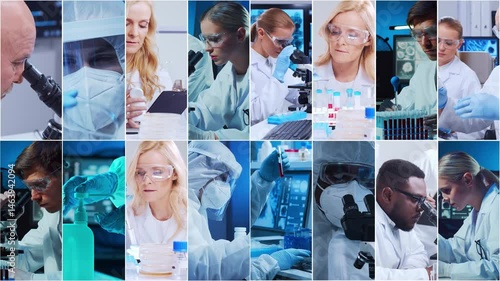 Technology and medical concept. Scientists, lab equipment and microscopes in biomedical innovations and clinical studies. Ideal for educational content. Vertical videos.