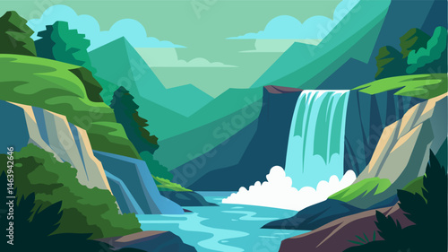 The sound of rushing water fills the air as the waterfalls powerful force crashes upon the rocks below and feeds into a winding river that ss its way through the dense jungle.