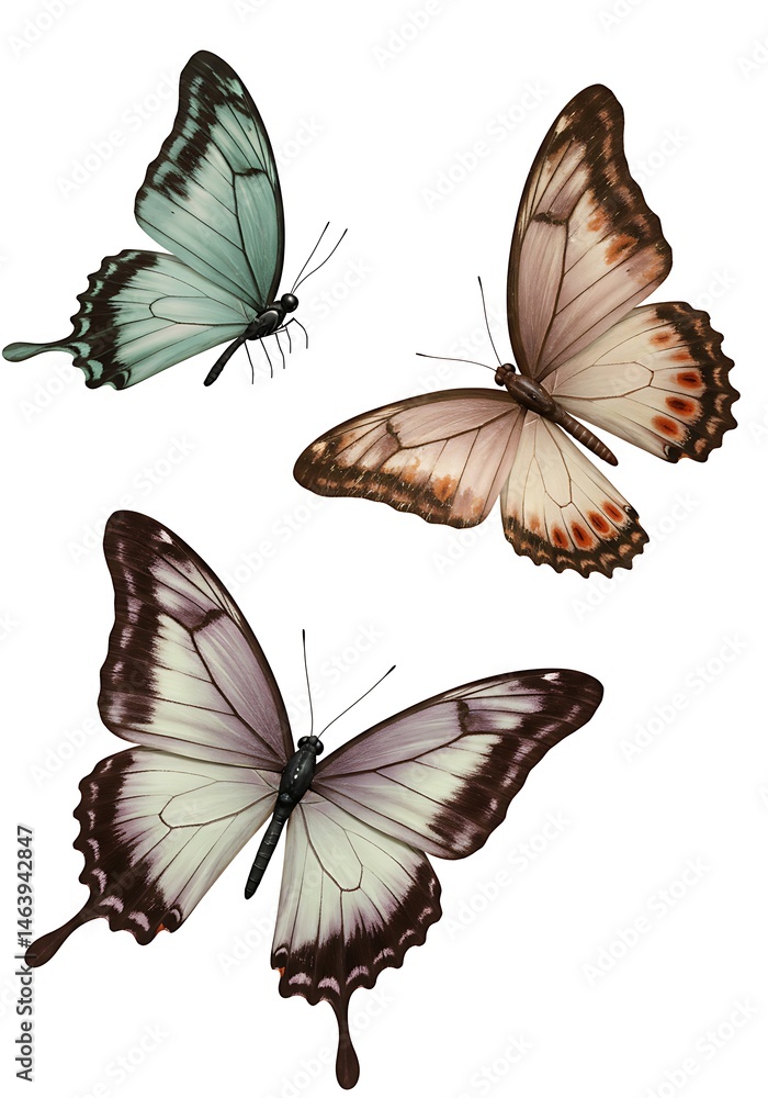 Naklejka premium Three Pastel Butterflies in Flight, Isolated on White