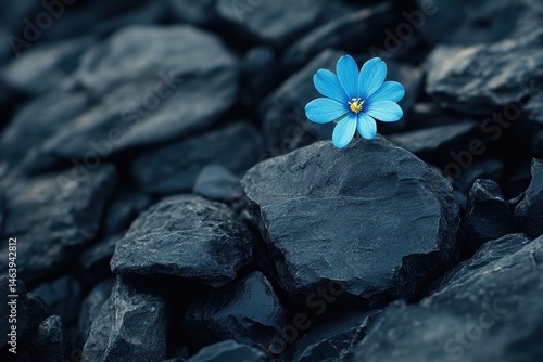 A blue flower blooms atop dark rocks, contrasting beauty and harshness. Show growth, resilience, and overcoming adversity in your designs.
