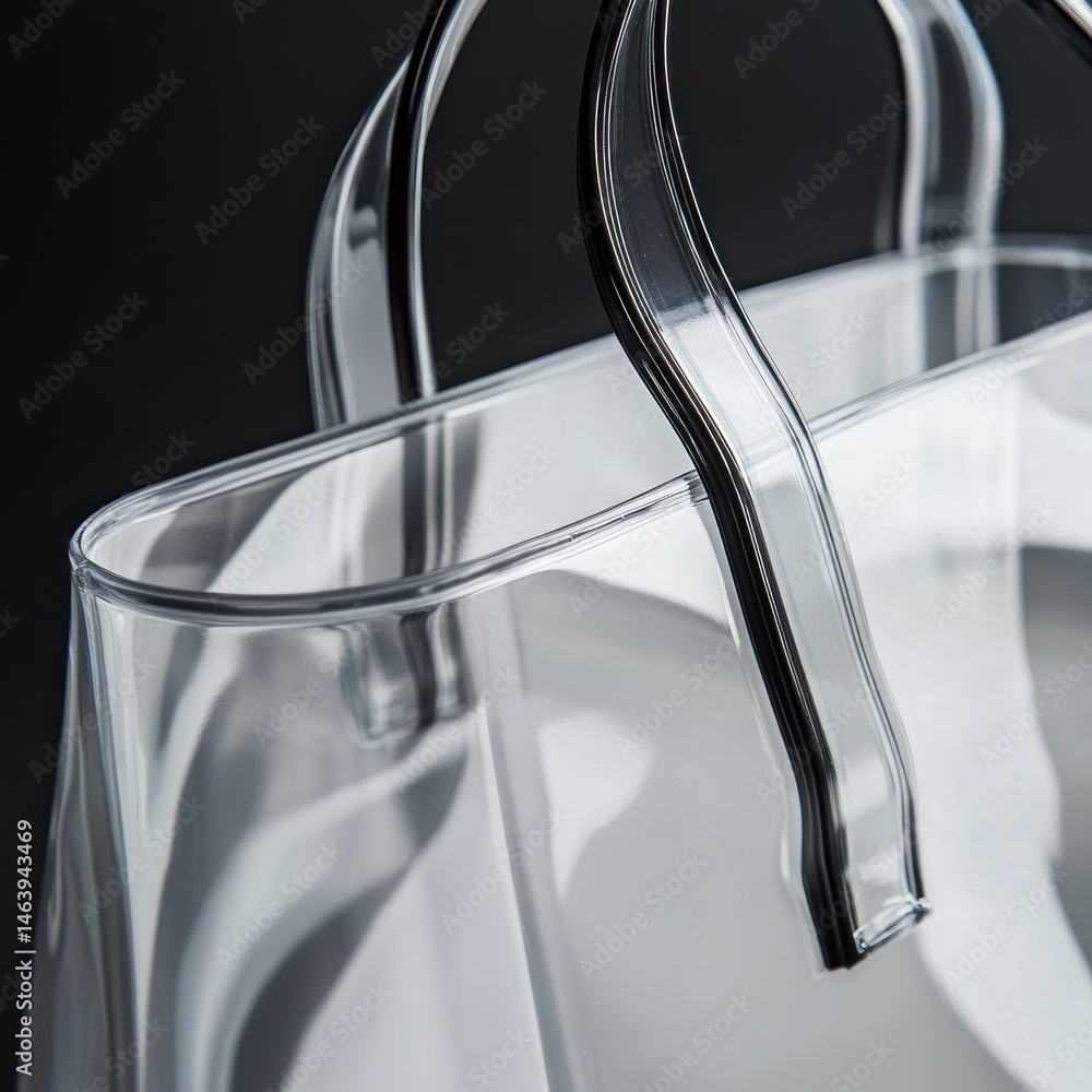 Naklejka premium Clear tote bag with black accents. Close-up view of the handles and edge