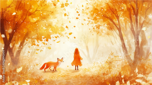 Vector watercolor illustration. Girl and fox together. Children's picture friends. Autumn card.