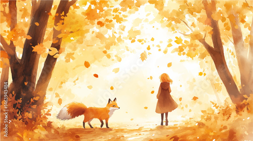 Vector watercolor illustration. Girl and fox together. Children's picture friends. Autumn card.
