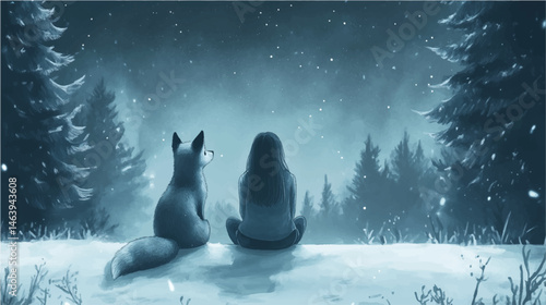 Vector watercolor illustration. Girl and fox together. Children's picture friends. Northern lights winter card.