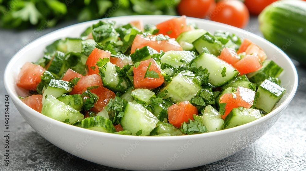 Fresh Cucumber and Tomato Salad in Bowl Fresh Cucumber and Tomato Salad in Bowl