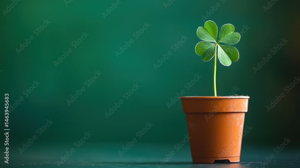 Four-leaf clover seedling in terracotta pot against a green gradient background. Use this luck symbol for St. Patrick's Day or good fortune messages.