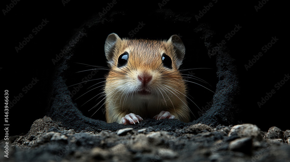 Cute chipmunk peers out from a dark burrow entrance in the ground. Ideal for wildlife articles, nature blogs, or children's books.