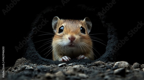 Obraz na płótnie Cute chipmunk peers out from a dark burrow entrance in the ground. Ideal for wildlife articles, nature blogs, or children's books. w salonie