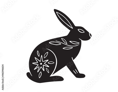 rabbit or hare silhouette monochrome with patterns illustration. Trendy creative fabulous mystic folklore 