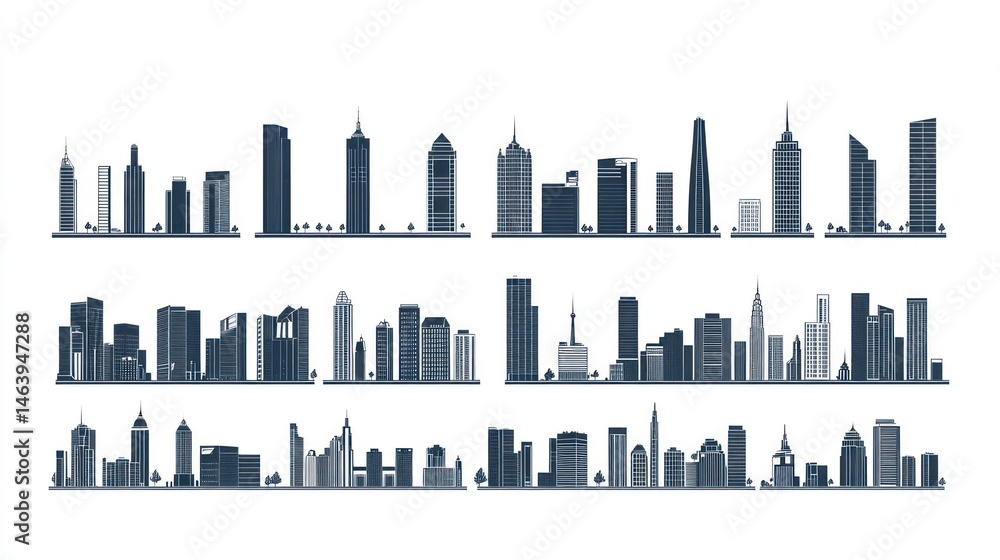 Fototapeta premium City skyline silhouettes, urban landscape, design elements, background, website