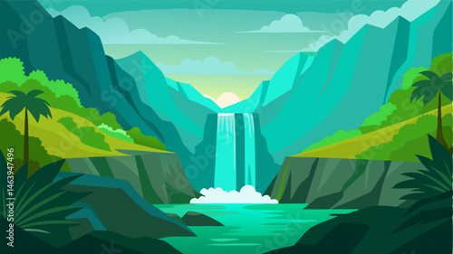 The roar of a tropical waterfall echoes through an emerald green valley a breathtaking sight against a backdrop of towering mountains.