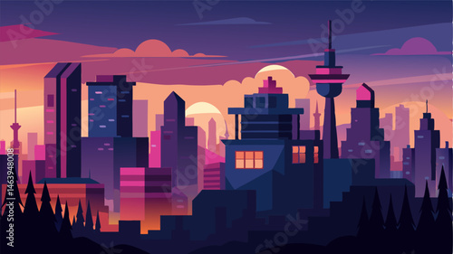 The urban landscape glows in the evening light the citys landmarks standing out against the dusky sky.