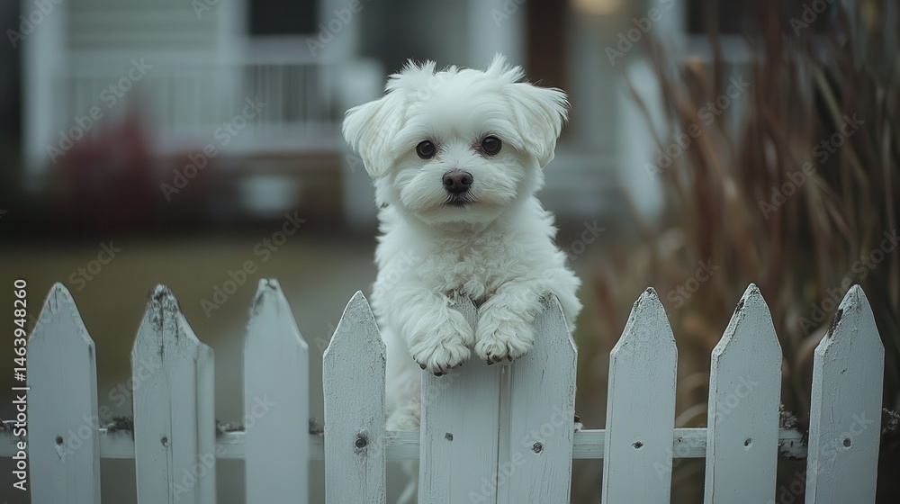 Fluffy white Maltese puppy peers over a weathered white picket fence. Use this image for pet care, home, or neighborhood safety concepts.