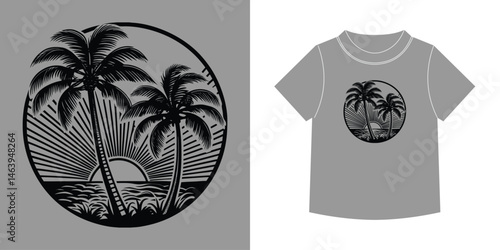 Stylish Grey T-Shirt with Tropical Palm Tree Sunset – Casual & Trendy Beachwear.