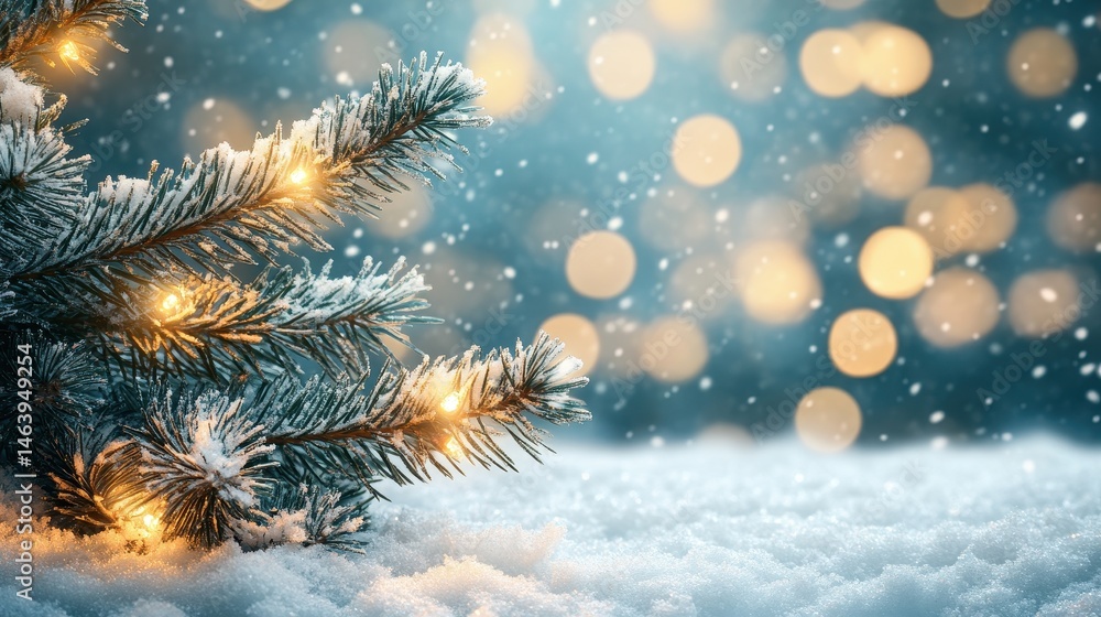 Snowy pine branch with glowing lights against a bokeh background. Use this for Christmas cards or winter themed designs.