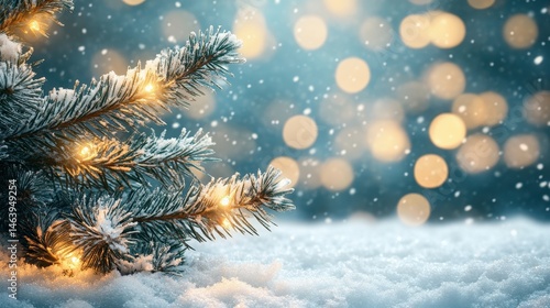 Obraz na płótnie Snowy pine branch with glowing lights against a bokeh background. Use this for Christmas cards or winter themed designs. w salonie