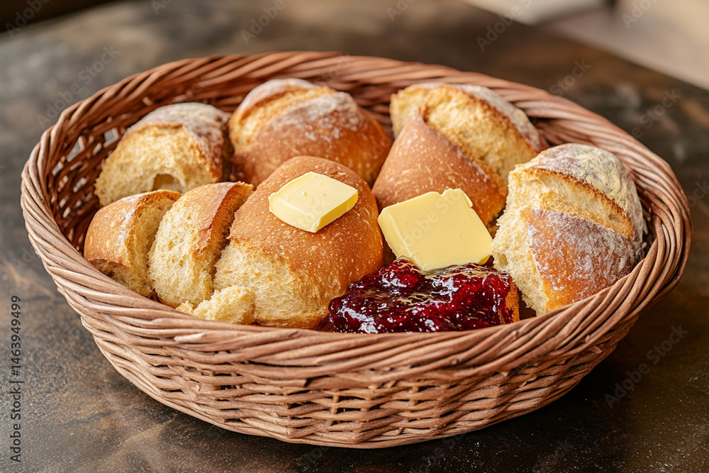 Bread in a wicker basket with pieces of butter and jam, highlighting the warmth of home baking Bread in a wicker basket with pieces of butter and jam, highlighting the warmth of home baking