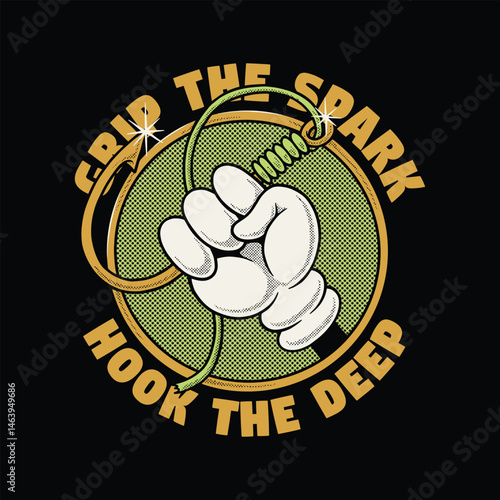 retro cartoon emblem of hand holding fishing lure