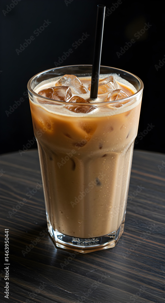 Iced Coffee Illustration With Ice Cubes In Glass On Table And Black Background Iced Coffee Illustration With Ice Cubes In Glass On Table And Black Background