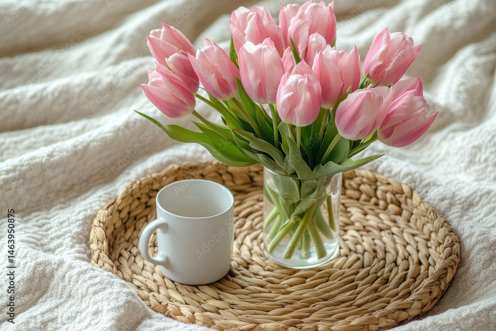 Obraz premium Pink tulips in vase, mug on wicker tray, cozy on white textured fabric. Perfect for illustrating relaxation, holidays, or creating a peaceful scene.