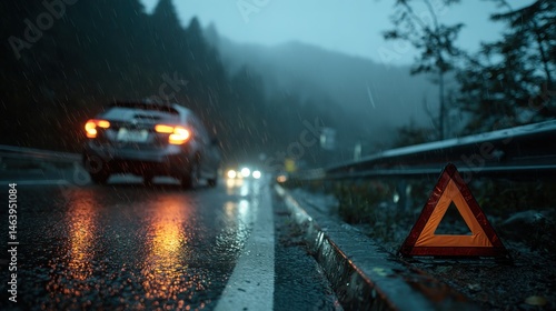 Emergency triangle warning sign placed on wet mountain road in rainy weather with car lights in distance ideal for traffic safety visuals, roadside insurance emergencies and accident awareness
