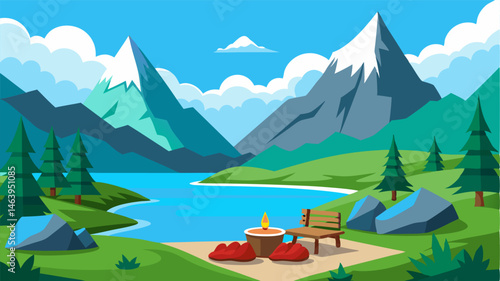 The perfect spot for a picnic an alpine lake encircled by lush green meadows and towering peaks.