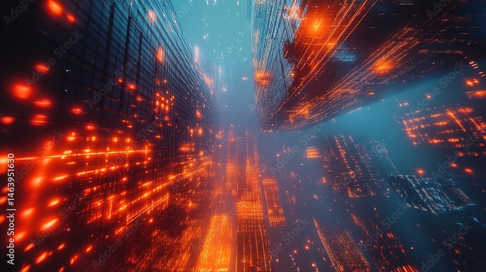 A skyscraper transforming dynamically as digital blocks rearrange in real-time A skyscraper transforming dynamically as digital blocks rearrange in real-time